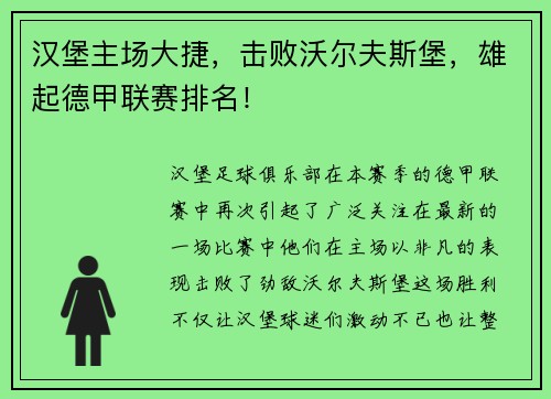 汉堡主场大捷，击败沃尔夫斯堡，雄起德甲联赛排名！